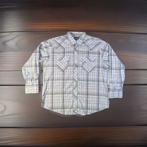 Wrangler Wrancher‎ Shirt Mens 2X Blue Plaid Pearl Snap Chest Pockets Western